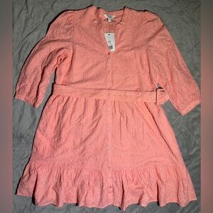 Crown & Ivy women’s 3/4 Sleeve Belted Embroidered Dress Size L Coral Blast NWT